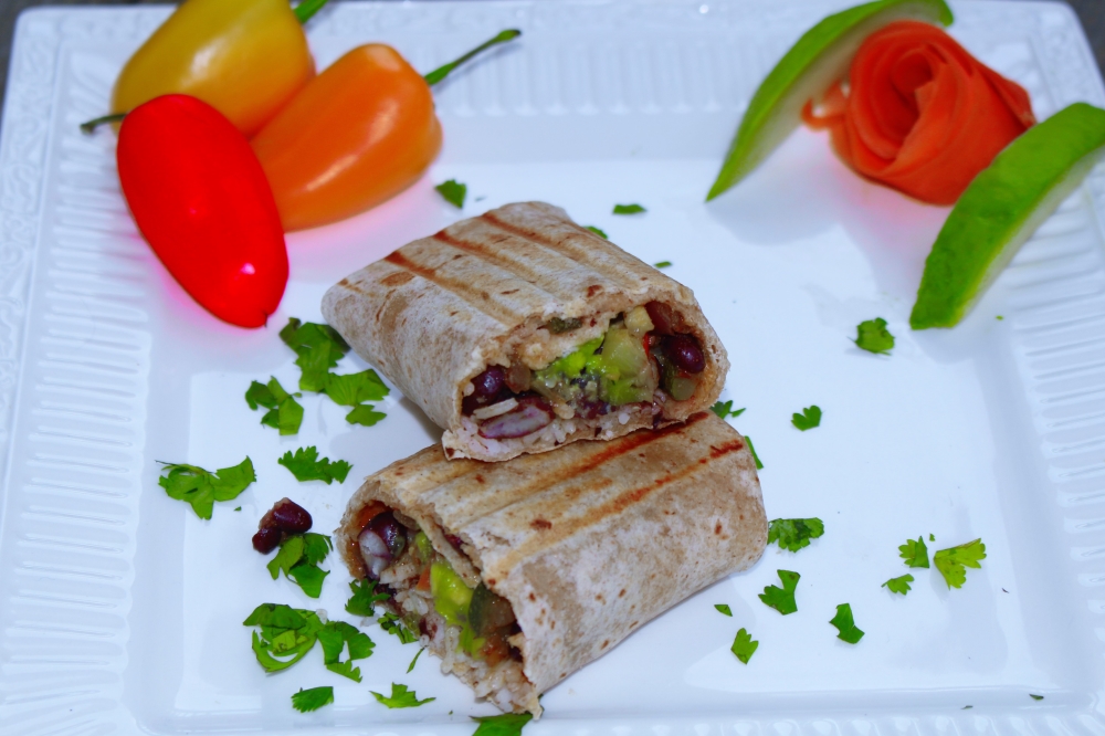 Garden Fresco Burrito Stuffed with roasted vegetables, white rice and black beans